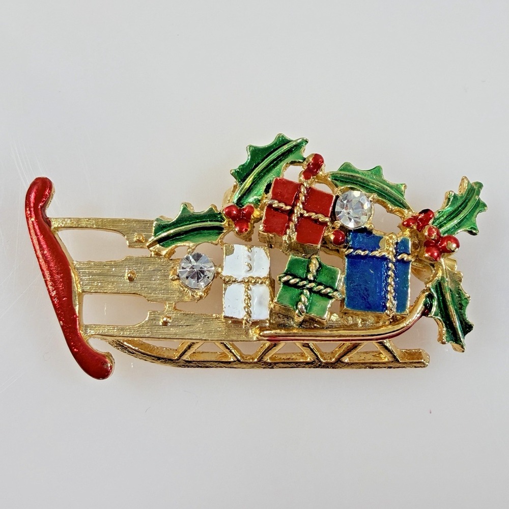 Vintage Weiss Brooch Christmas Sled Sleigh Gifts Enamel Rhinestone Pin Signed
